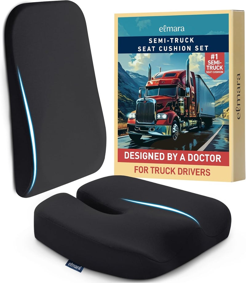 ELEMARA Doctor-Designed Semi-Truck Seat Cushion for Truck Driver – The Ultimate Comfort Solution for Long-Haul Drivers – Trucker Seat Cushion & Back Support – 2-Piece Ergonomic Set (Black) - Image 1